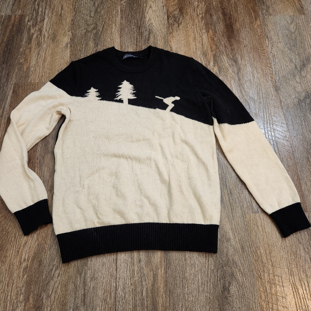 GAP Lambswool Blend Intarsia Forest Pine Tree Sweater Black Ivory Large